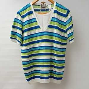 Alfred Dunner Blue and Green Striped V-Neck Sweater
